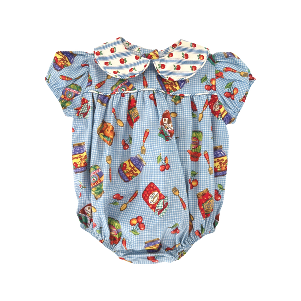size 1 year preserves on a picnic blanket bubble romper