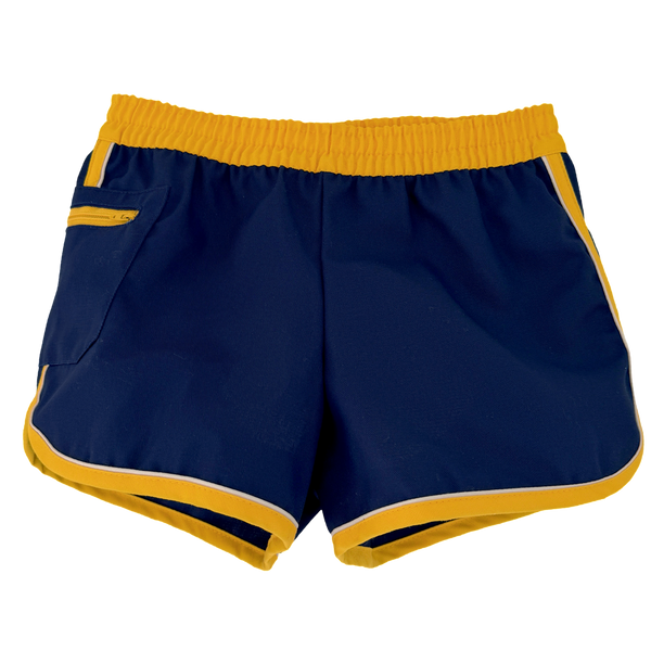 many sizes x navy blue with sunflower yellow trim shorts