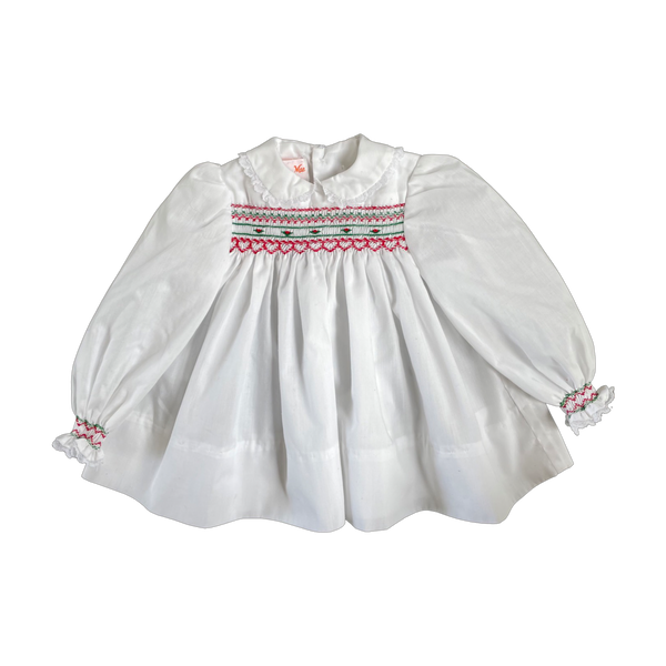 size 12 months white with red and green smocking dress